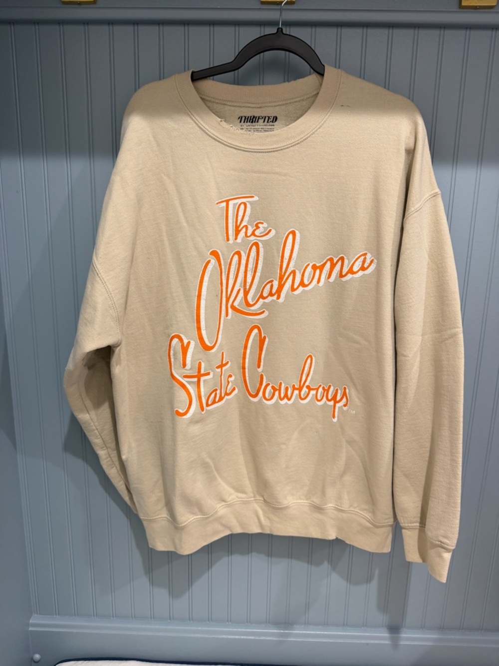 Beige Oklahoma State Cowboys Script Sweatshirt with Orange Trim